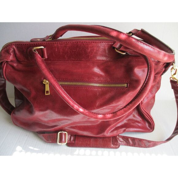 *PELLE Cranberry Red Satchel Tote XL Ruched Pebbled Leather 2-Way + Portfolio - Picture 2 of 13